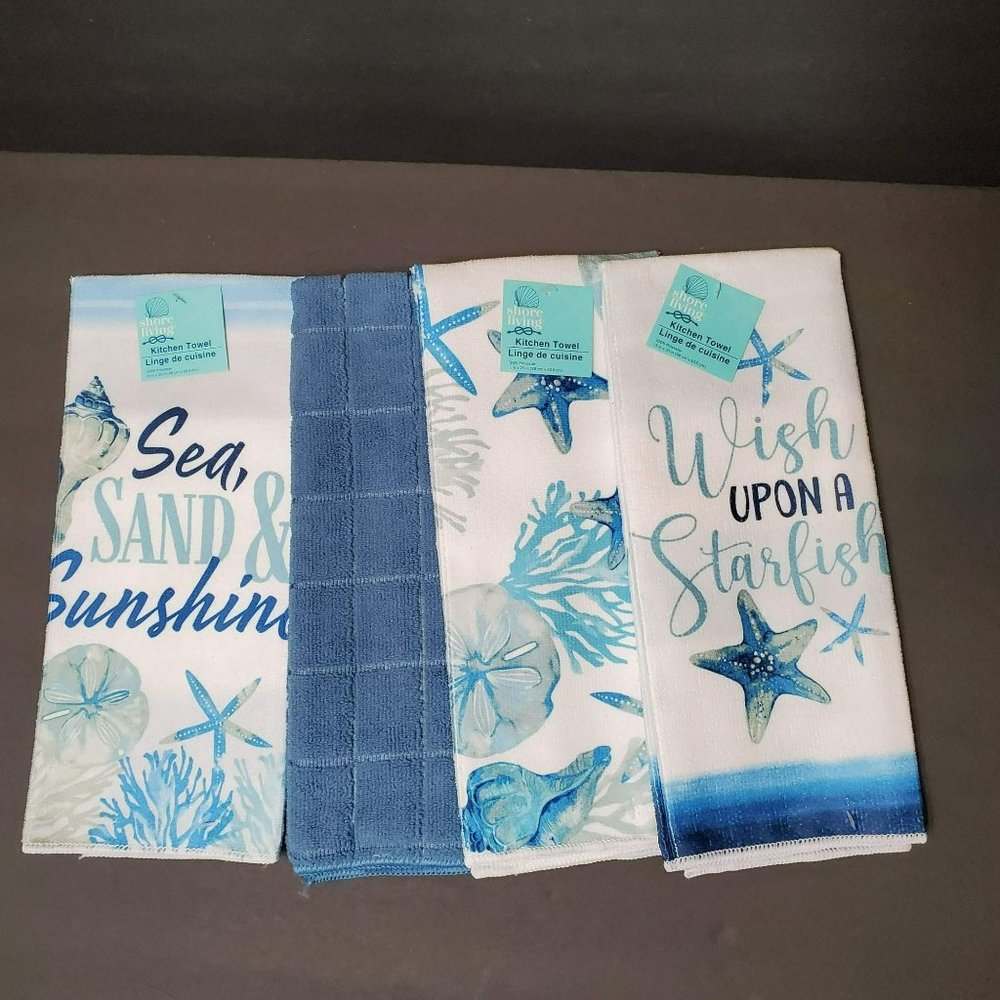 Coastal Kitchen Towels, set of 4, Starfish Sea Sand Sunshine, Blue Beachy